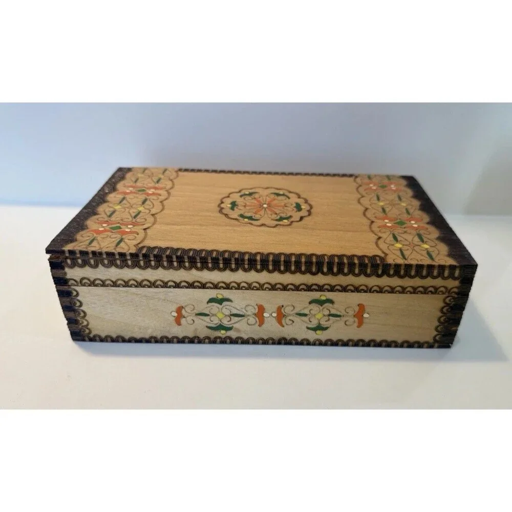 Vtg Painted Pyrography Hinged Wooden Jewelry Trinket Box Folk Art 9.5